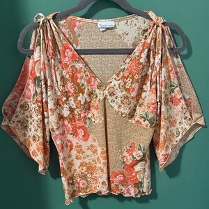 Vintage Floral Peach Blouse with Tie Shoulders